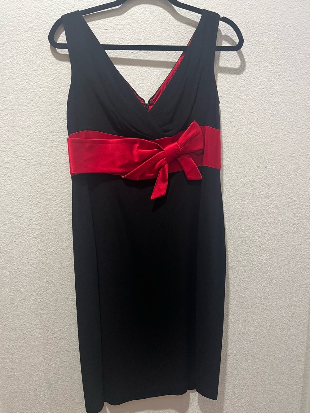 Kay Unger Black Midi Dress with Red Satin Waist Bow
